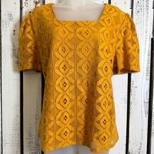 Solitaire Lace Square Neck Puff Sleeve Top Size XL Yellow Mustard Boho Western‎
